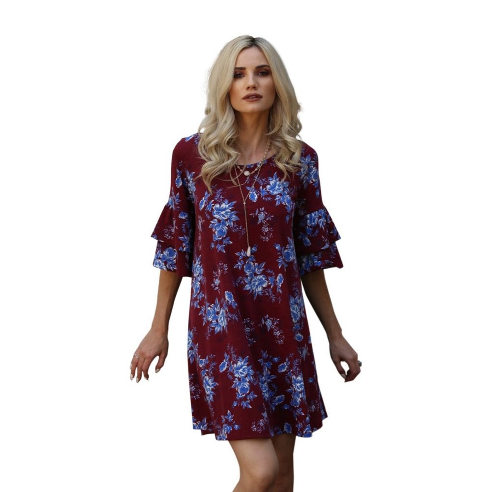 Angie Floral Double Ruffle Sleeve Dress, Plum